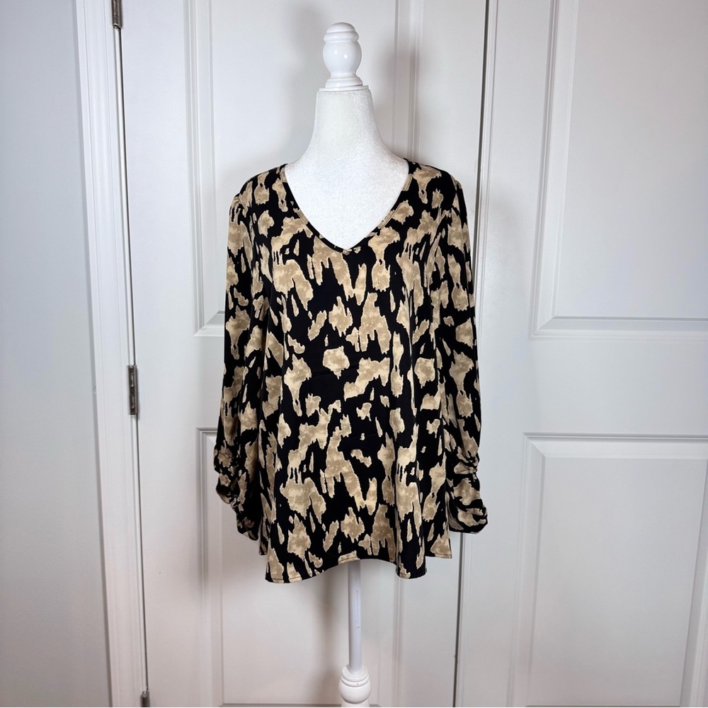 Jodifl Abstract Print Boho Blouse Black Beige V-Neck Balloon Sleeve Small Casual